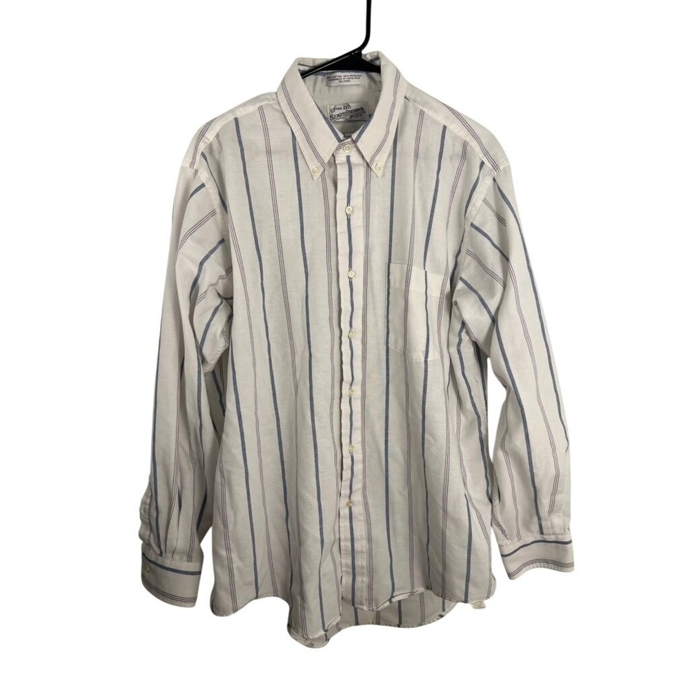 Vtg Sears Roebuck Men 17.5 34/35 Stripe Button up Shirt White Blue Red‎ 90s Y2K